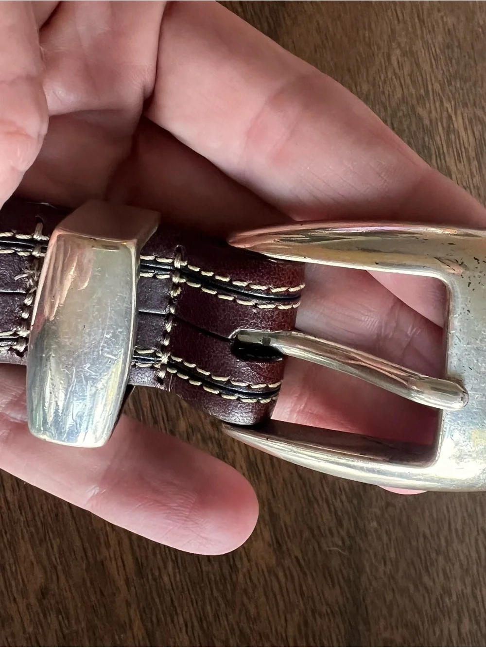 Vintage ONYX by Brighton Belt 42 Brown Leather Whipstitch Silver Western